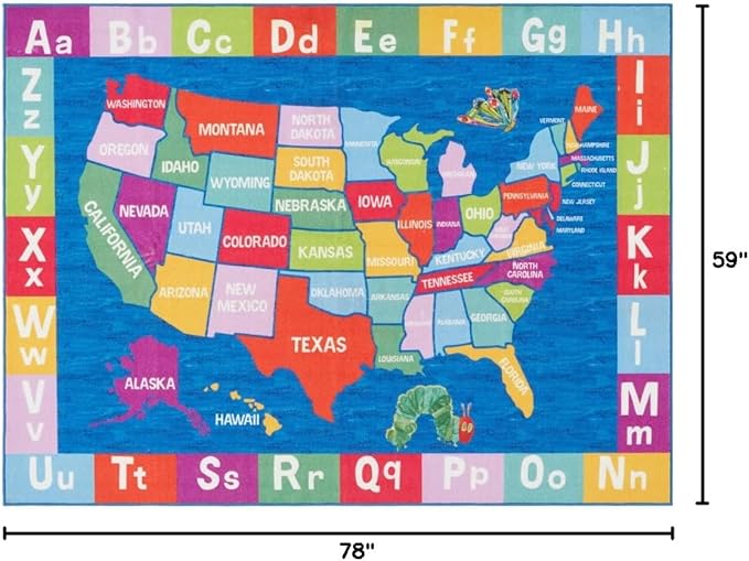 Eric Carle Elementary USA Map Kids Machine Washable Area Rug Blue/Red, 4'11"x6'6"