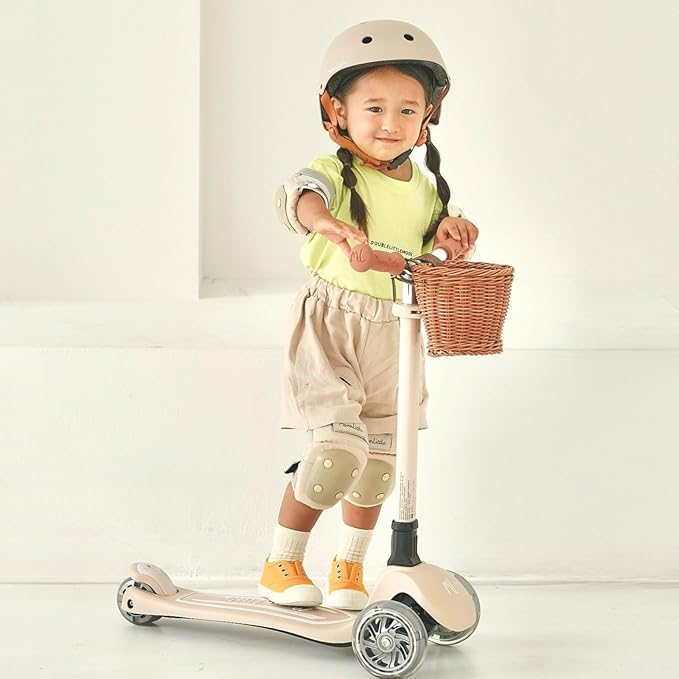 MomnLittle Kick Scooter for Kids Ages 3-10 (Beige/Pink/Navy/White) 3 Wheeled with LED Light-Up Wheels CPSC Certified Foldable and 4 Height Adjustable Toddler Scooters for Boys Girls