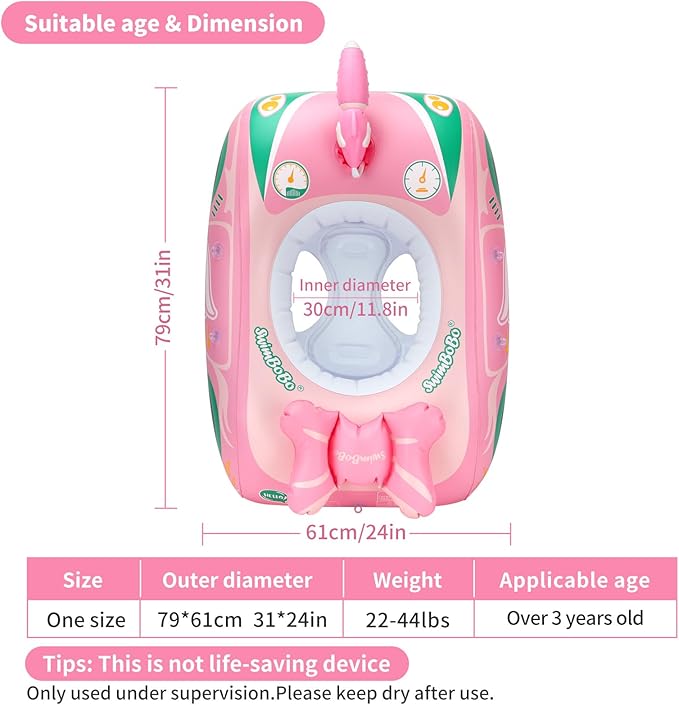 Swimbobo Toddler Pool Float Pink Inflatable Airplane Car Baby Swim Float with Water Gun and Safety Seat Pool Toys for Kids 3+ Years Old