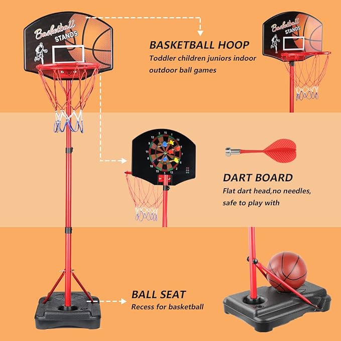 MXF Kids Basketball Hoop Stand with Dart Board, Height Adjustable 2.6ft-6.2ft, Portable Mini Basketball Hoop Set with Balls & Darts, 2 in 1 Indoor Outdoor Toys for Kids Toddlers Ages 4-8