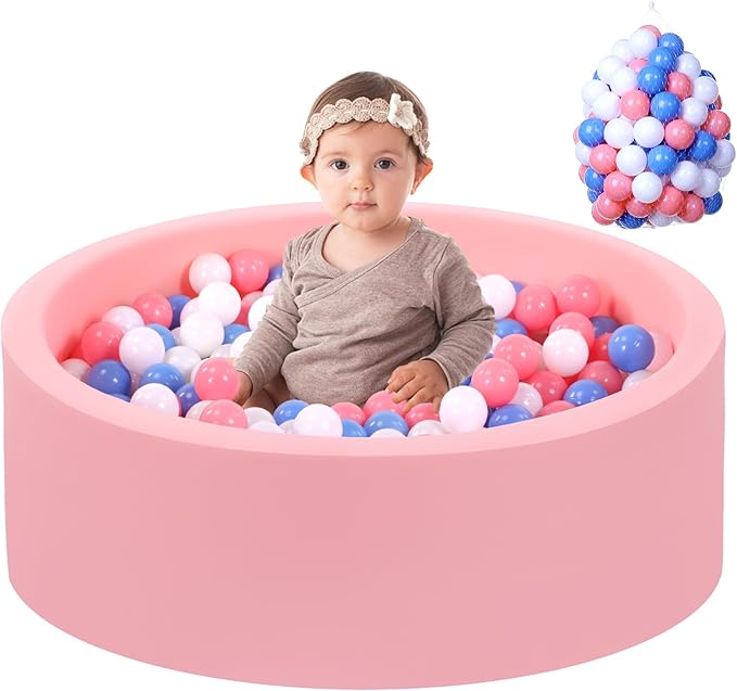 Foam Ball Pit for Toddlers with 100 Balls, Large Baby Ball Pit for Babies with Soft Memory Sponge, Indoor Outdoor Baby Playpen, Kids Play Ball Pool (Pink with 100 Balls, 34 x 11.5 Inch)