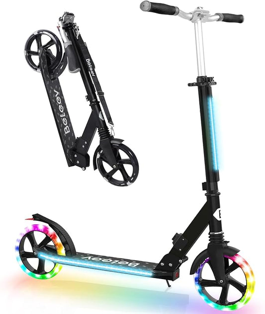 BELEEV V8 Scooters for Kids Ages 6+ with Light-Up Deck, 2 Wheel Folding Scooter for Adults Teens, 4 Adjustable Height, Lightweight Sport Commuter Scooter, Sturdy Frame, Max Load 220 lbs