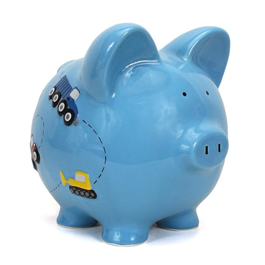 Child to Cherish Ceramic Piggy Bank for Boys, Construction Trucks, Blue