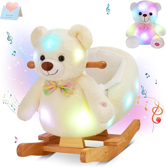 Glow Guards White Polar Bear Rocking Horse with Chair Muical Light up Bear Stuffed Animal for Ages 1-3 Toddlers Kids Babies Ride Toy Birthday Christmas