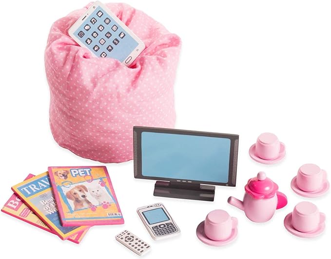 Playtime by Eimmie 18 Inch Doll Furniture Couch & Coffee Table Set – White, Wooden Playset with Living Room Accessories, Fits American, Generation, My Life & Similar 14”-18” Dolls