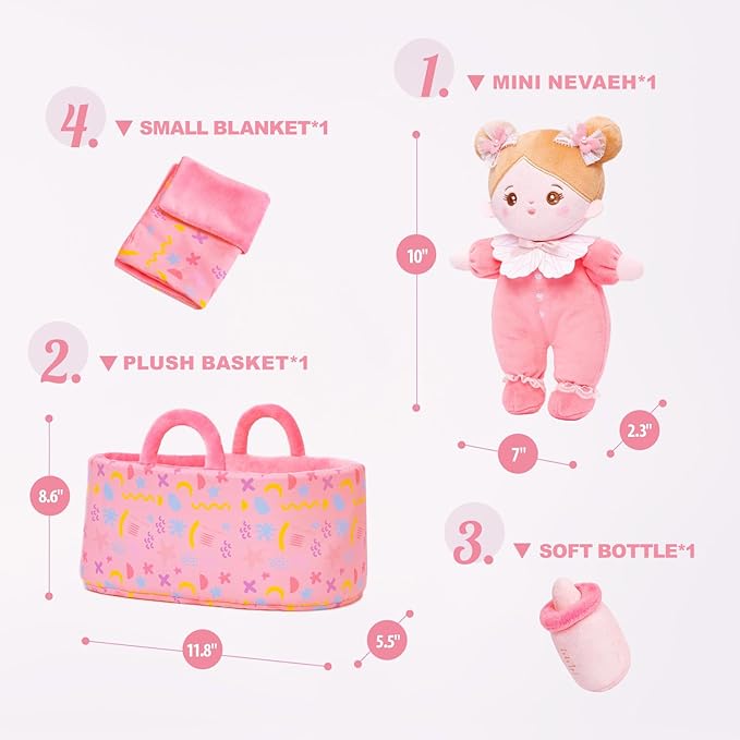 OUOZZZ 10" Soft Baby Doll Set with Plush Doll, Bassinet, Blanket and Bottle, Pretend Playset for Emotional Social Education Doll for 2 Year Olds Girls Christmas Birthday Gift Pink