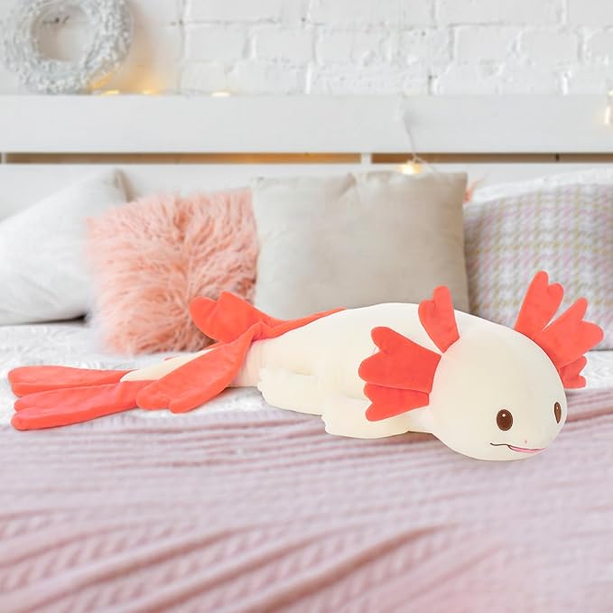 Axolotl Stuffed Animals Long Body Throw Pillow, Giant Love Heart Salamander Plush Bolster Body Pillow, Christmas Birthday Valentines Gift for Sider Sleeper Kids Girls Boys Adults