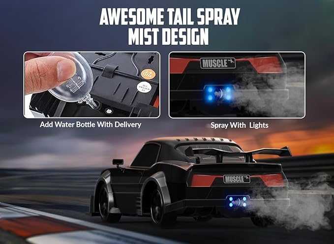 RACENT 1:16 RC Drift Car, 2.4Ghz 4WD 18KM/H Remote Control Car with Spray Mist, Racing and Drifting Wheels, LED Light, 2 Batteries, Sport Model Toys Vehicle for Kids, Boys, Adults