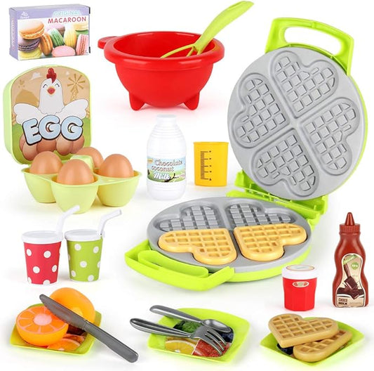 27 Pack Waffle Play Food Toys for Toddlers ,Kitchen Sets for Kids,New Sprouts Waffle Time Variety Toys Gift for Kid Children ,Early Educational Learning Game for Age 3 4 5 6 7 8 Boys Girls