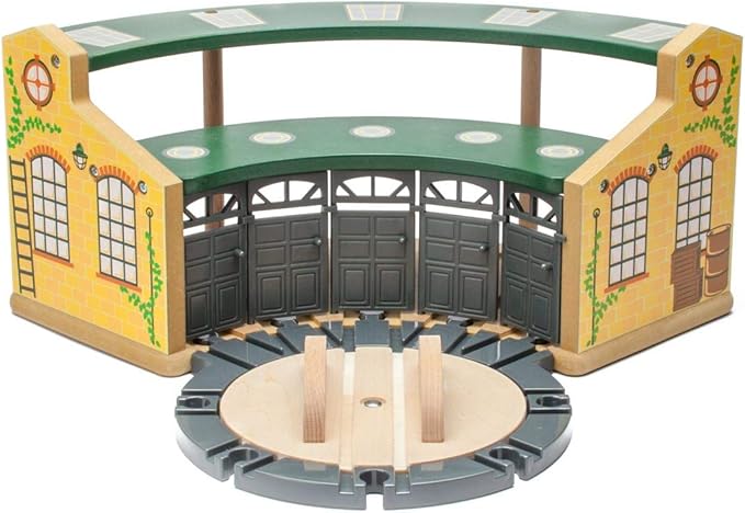 inc. Wooden Train Round House Combo with Rotating Turntable, Train Shed to House 5 Engines or Cars, Wooden Train Track Accessories Compatible with Major Brand Railway Sets