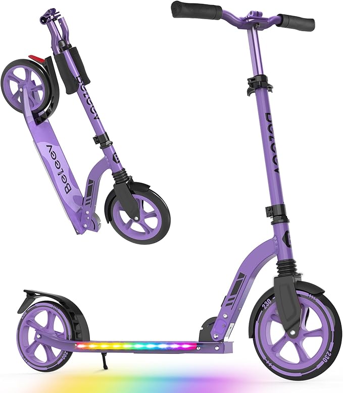 BELEEV V8 Scooters for Kids Ages 6+ with Light-Up Deck, 2 Wheel Folding Scooter for Adults Teens, 4 Adjustable Height, Lightweight Sport Commuter Scooter, Sturdy Frame, Max Load 220 lbs