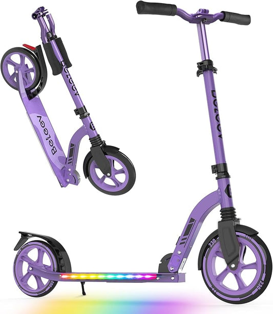 BELEEV V8 Scooters for Kids Ages 6+ with Light-Up Deck, 2 Wheel Folding Scooter for Adults Teens, 4 Adjustable Height, Lightweight Sport Commuter Scooter, Sturdy Frame, Max Load 220 lbs