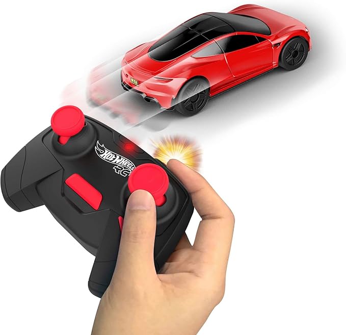 Hot Wheels Toy Car RC Tesla Roadster in 1:64 Scale, Remote-Control Vehicle with Controller & USB Cable, Works On & Off Track