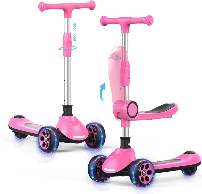 Kids Kick Scooter,Adjustable Height Handlebars and Removable Seat Scooters for Kids,3 Lighted Wheels Anti-Slip Deck Toddler Scooter for Boys & Girls Aged 3-12 up to 132 Lbs.