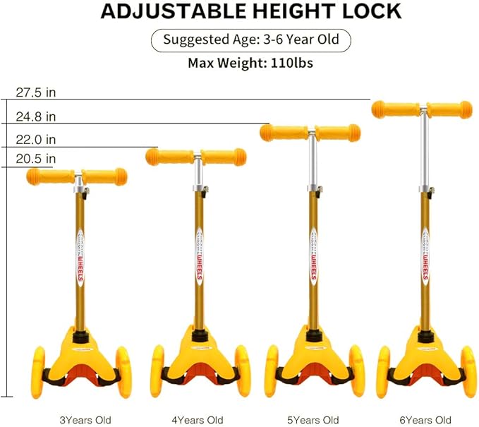 ChromeWheels Scooter for Kids, Deluxe 3 Wheel Scooter for Toddlers 4 Adjustable Height Glider with Kick Scooters, Lean to Steer with LED Flashing Light for Ages 3-6 Girls Boys