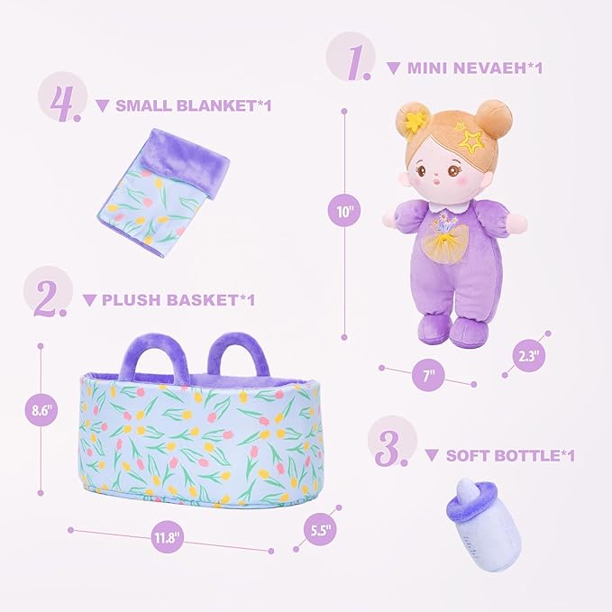 OUOZZZ 10" Soft Baby Doll Set with Plush Doll, Bassinet, Blanket and Bottle, Pretend Playset for Emotional Social Education Doll for 2 Year Olds Girls Christmas Birthday Gift Purple