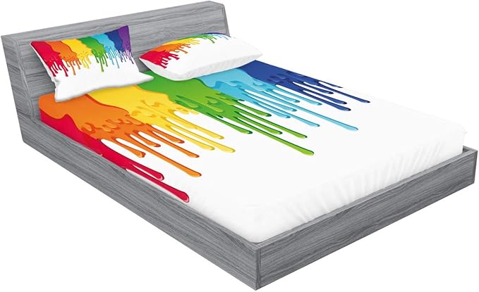 Ambesonne Abstract Fitted Sheet & Pillow Sham Set, Rainbow Colored Paint Leaking Splattered Drops Creative Graphic Design, Decorative Printed 3 Piece Bedding Decor Set, Calking, Rainbow Colors