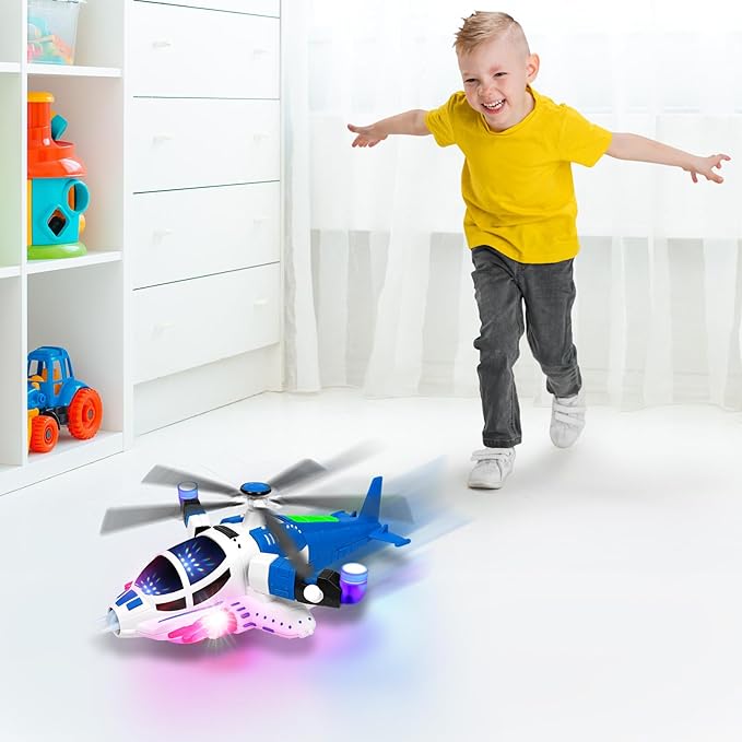Helicopter Toy for Toddlers 1-3 With Lights And Sounds, 360°Freedom And Operated Automatic Bump Autism Sensory Light Up Toys Airplane for Toddler Boy Toys 2 3 4 5 Year Old Up Boy Girl Birthday (Blue)