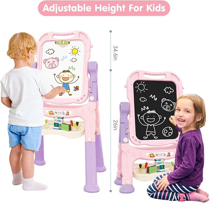 Amagoing Easel for Kids, Adjustable Standing Art Easel for Toddler, Double Side Magnetic Chalk Board with Painting Accessories, Birthday Christmas Gift for Little Boys and Girls, Middle Size Pink