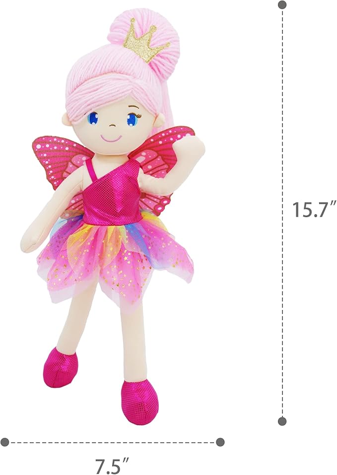 June Garden 16" Enchanted Garden Fairy Doll Siofra - Plush Stuffed Soft Doll Girl Gift - Fushia Outfit and Wings