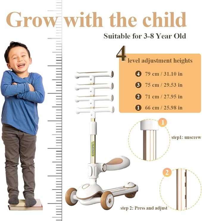 Winhope Kick Scooter for Kids, 2-in-1 Kick Scooter with Wide Deck,Folding 3 Wheel Children Scooter Outdoor Ride-On Toys for Boy Girl Aged 3-8