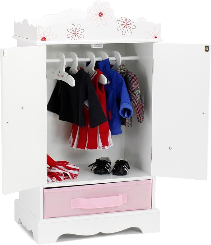Emily Rose 18 Inch Doll Clothes Wooden Storage Closet Cabinet with 5 Clothing Hangers - Fits 18" American Girl Doll Clothes and Accessories l Miniature Bedroom Armoire Furniture Gift Playset (Floral)