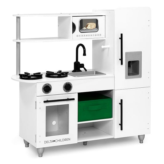 Delta Children Deluxe Modern Kitchen - Toy Kitchen Playset with Realistic Knobs That Turn/Click, Oven, Sink and Fridge/Freezer with Ice Maker, White
