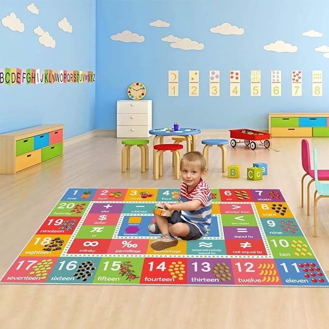 Educational Play Rug, 3'x5' Numbers Shapes Rug Carpet for Kids Classroom Playroom, Counting Game Floor Mat Playmat for Boys Girls
