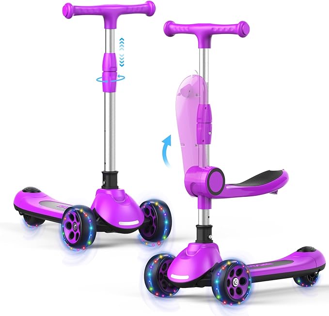 Kids Kick Scooter,Adjustable Height Handlebars and Removable Seat Scooters for Kids,3 Lighted Wheels Anti-Slip Deck Toddler Scooter for Boys & Girls Aged 3-12 up to 132 Lbs.