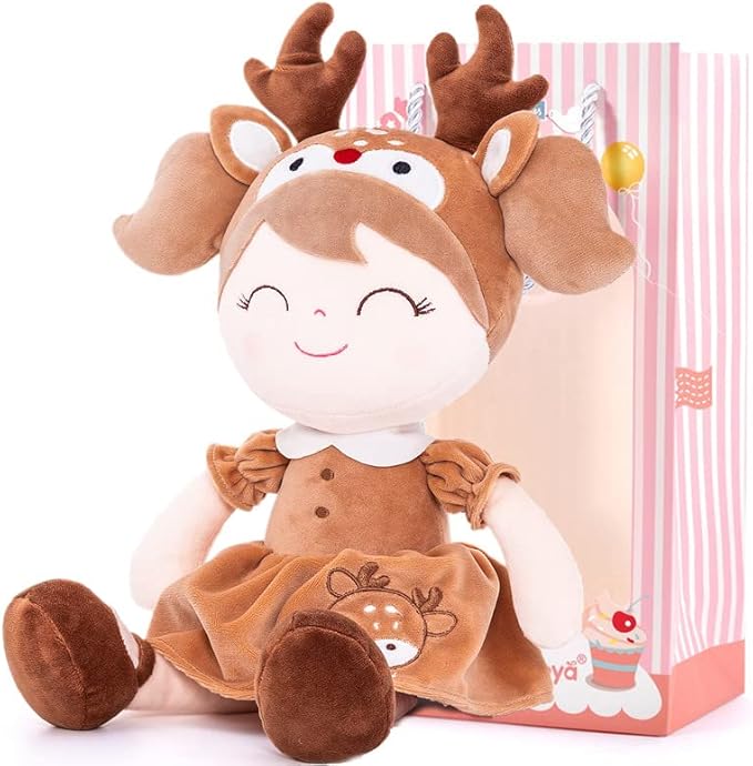 Gloveleya Plush Baby Doll Girl Gift Spring Elk Deer Doll Kids Soft Toy Brown 16"