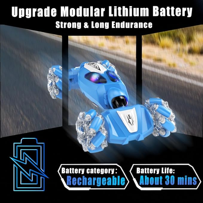 FOTN Remote Control/Gesture Sensing Stunt Car,4WD All-Terrain 2.4Ghz RC Blue Dual Control Off-Road Vehicle ，Lights Music，Modular Lithium Battery, 360° Flips，Snake-Move, Boy/Girl Birthday Gift