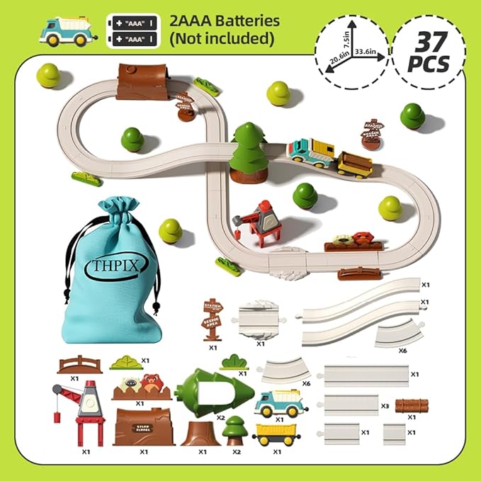 37pcs Forest Track Adventure Train Set with Magnetic Link Logging Truck,Train Track for 3-7 Years Old Toddlers & Kids, Railway Set Christmas Toys for Kids,Rail Car Set for Boys & Girls