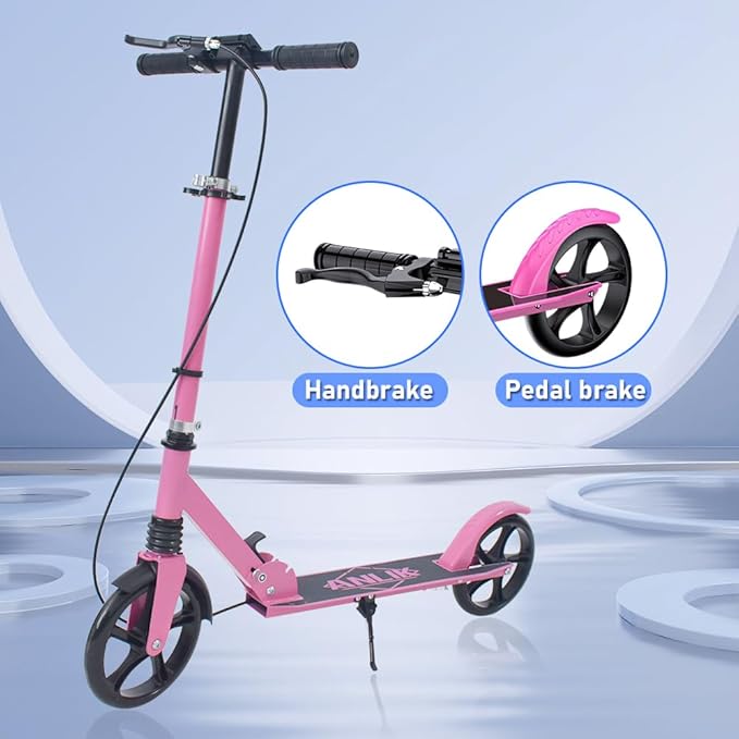 Dual-Brake Shock-Absorbing Kick Scooter, Anti-Skid PU Wheels, 4 Height-Adjustable Positions, Wider Pedals, Suitable for Children Over 6 Years Old, Teenagers & Adults