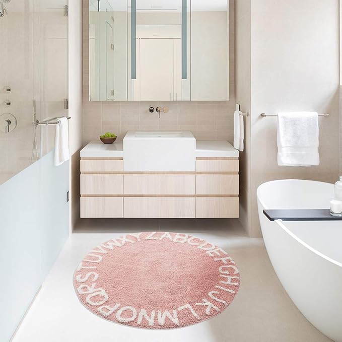 ABC Kids Rug Alphabet Educational Area Rugs for Infant Toddlers - Baby Play & Sleeping Plush Mat, Hand Woven Alphabet Carpet for Home Decor Teepee Tent (Round, 47", Pink White)