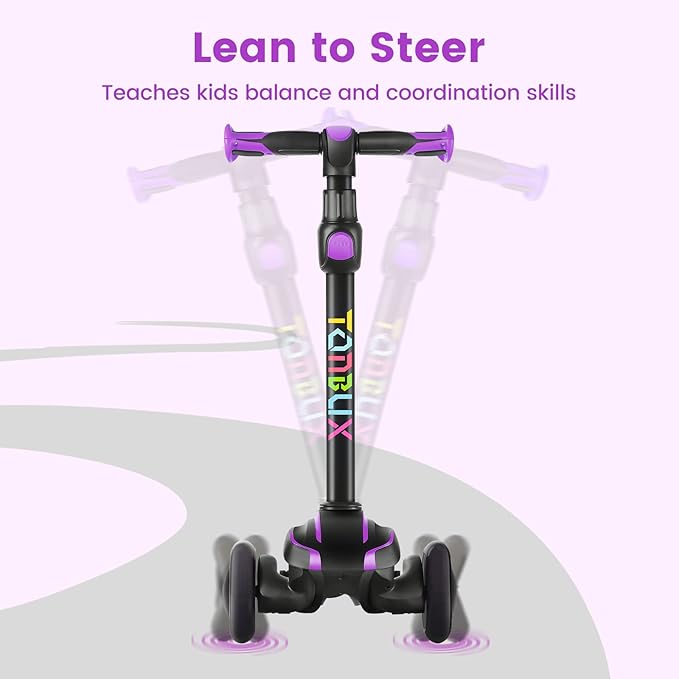 TONBUX Kids Scooter for Age 3-12, Toddler Scooter with 4 Adjustable Heights, Light Up 3-Wheels Scooter, Shock Absorption Design, Lean to Steer, Balance Training Scooter for Kids