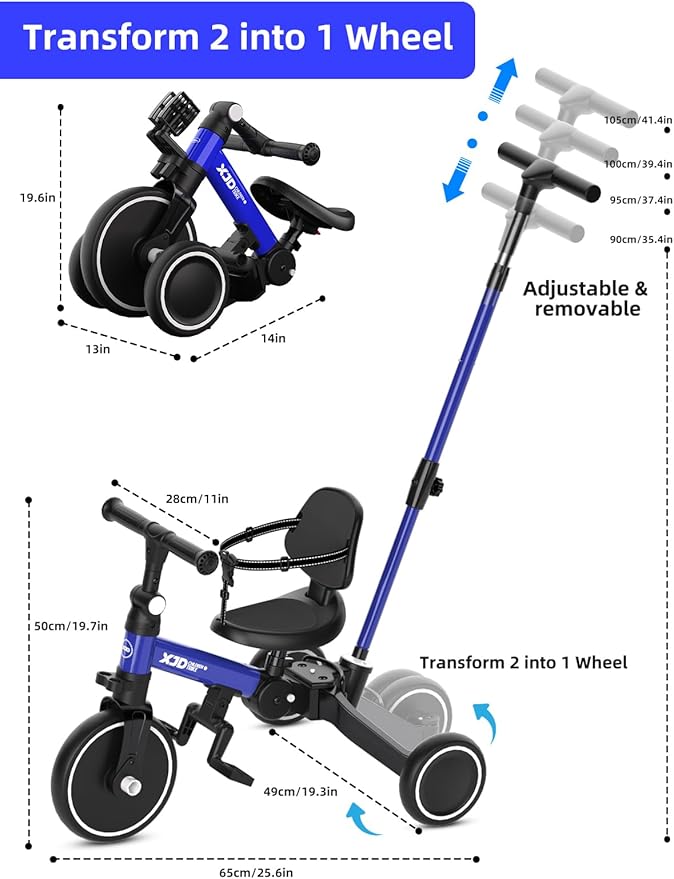 XJD Toddler Bike, 6 in 1 Folding Toddler Tricycle for 1-4 Year Old with Push Handle, Balance Bike with Removable Pedal,Backrest, Adjustable Seat Height and Handle, First Birthday Gifts (Blue)