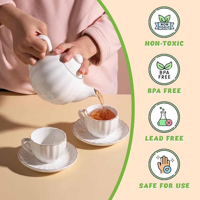 Sweejar Porcelain Tea Set for Little Girls,Kitchen Toys Tea Party Set for Kids Toddler Kitchen Pretend Toy Include Children Teapot, Cup & Saucer Set of 4, Sugar Bowl and Cream Pitcher(Pink)