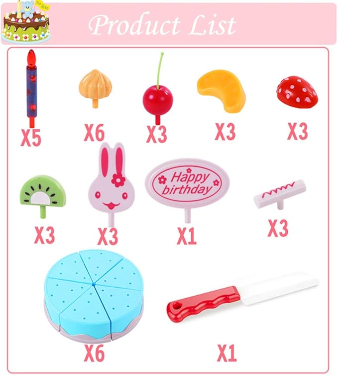 38 PCS DIY Cutting Birthday Party Cake Toy Pretend Play Kitchen Food Toys Set,DIY Fruit Cutting Kitchen Toys Pink/Blue Cut Cake Toys for Girls Boys Gift (38PCS Blue)
