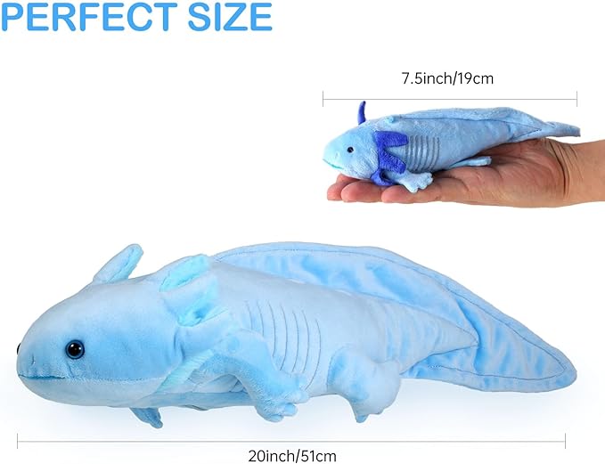 Simulation Blue Axolotl Plush Toy, Cute and Soft Zippered Blue Axolotl Set Stuffed Animal Plush Toys for Kids Boys and Girls Gifts, Room Decor