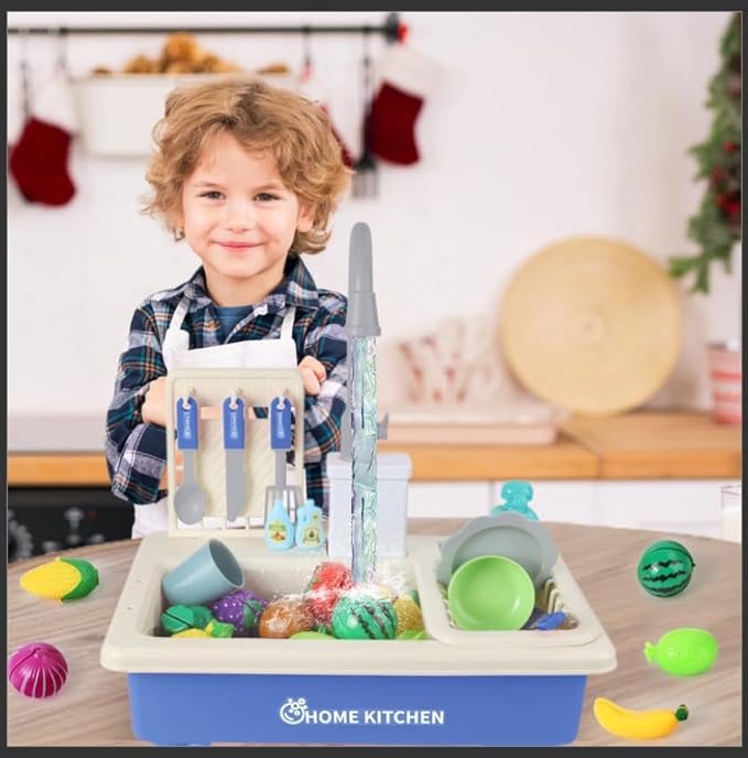 deAO Play Kitchen Toy Sink Toys with Cutting Food,Dishwasher Playing Toy with Running Water, Role Playing Game Pretend Food,44 PCS Kitchen Accessories Set for 3 4 5 Years Old Girls Boys Blue