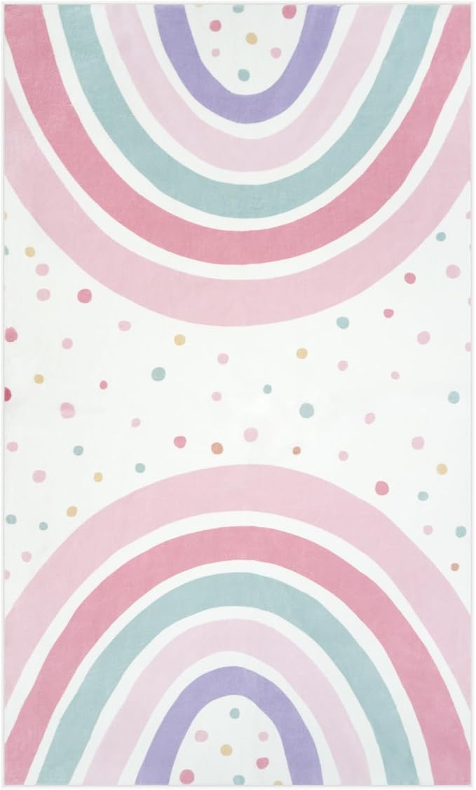STARUIA 3x5 Rainbow Rug for Nursery Kids Room, Pink Carpet Soft Polka Dot Rug for Girl Bedroom, Non-Slip Small Washable Kids Area Rug for Playroom Princess Tent Castle