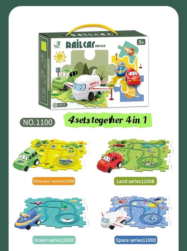 4 Sets 4in1 Puzzle Racer Kids Car Track Set,4 Theme Jigsaw Puzzle Racer Car Track Set Puzzle Track Car Play Set Puzzle Raceway Car Track Preschool Gifts for Kids Christmas Birthday Gift for Boys Girls