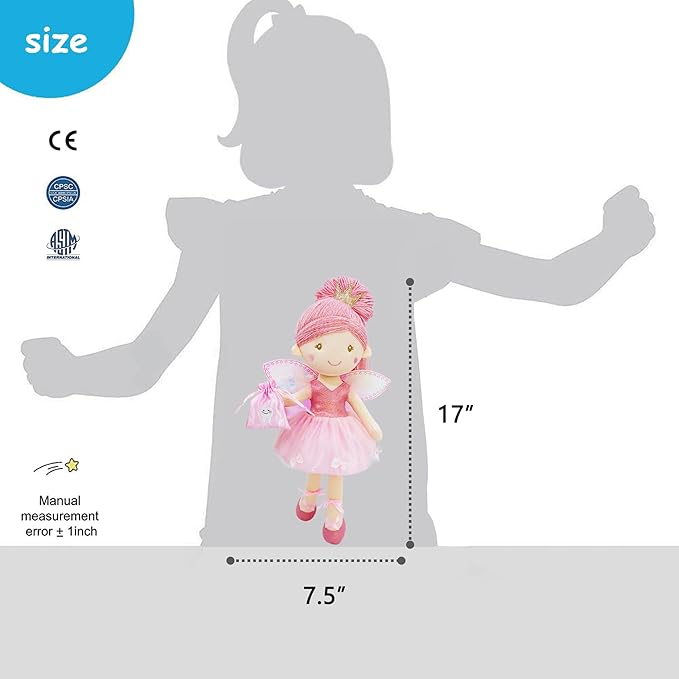 June Garden 17" Tooth Fairy Doll Anastasia - Plush Stuffed Soft Doll Girl Gift - Pink Outfit and Wings