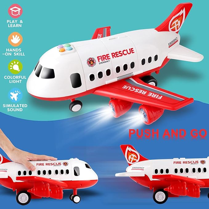 Dwi Dowellin Airplane Toy with Fire Truck Cars and Play Mat,Plane with Lights and Sounds for 3 + Years Old Boys and Girls