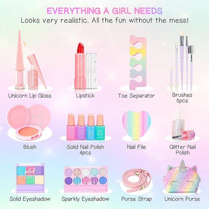 Kids Real Makeup Kit for Girls: No Talc, Washable Make Up Set with Unicorn Purse - Toy Gift for Little Girls & Toddlers Age 3 4 5 6 7 8 9 10 11 12 Years Old - Pretend Play Birthday Gifts