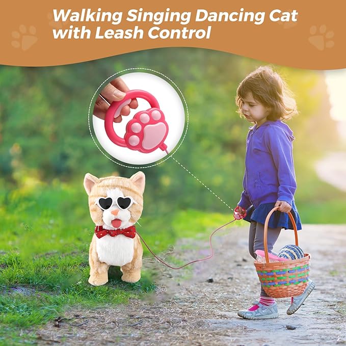 Yellow Pattern Leash Walking Cat Set Interactive Talking Toy Singing Dancing Kitten Mimicking Repeat What You Say Kitty Touch and Voice Control Nodding Wagging Tail Plush Electric Robot for Kid Girl