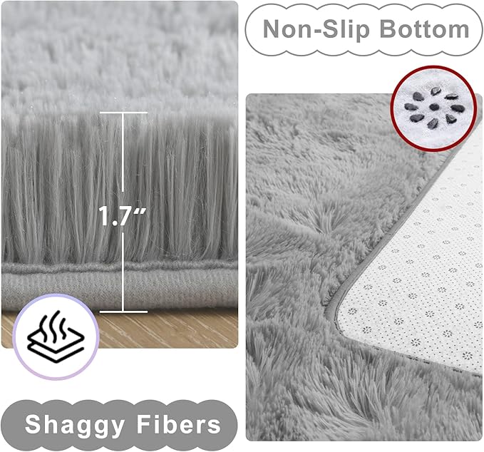 Ompaa Fluffy Grey Hallway Runner Rugs for Bedroom Bed Side Non-Slip, 2x6 Feet Long Carpet Rug Runner for Entrance Living Room Dorm, Plush Kids Playroom Baby Girls Nursery Decor Mats