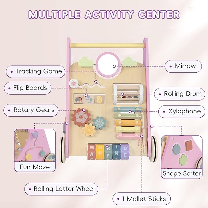 Baby Walker with Wheels, Wooden Push Walker Toys for Babies 6-12 Months, Baby Girl Walking Activity Toys for 1 Year Old