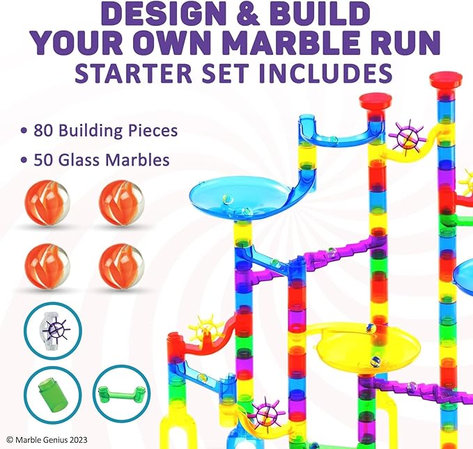 Marble Genius Marble Run - 130 Complete Pieces Maze Track Easter Toys for Adults, Teens, Toddlers & Kids Aged 4-8 Years Old, (80 Translucent Marbulous Pieces + 50 Glass-Marble Set), Starter Set