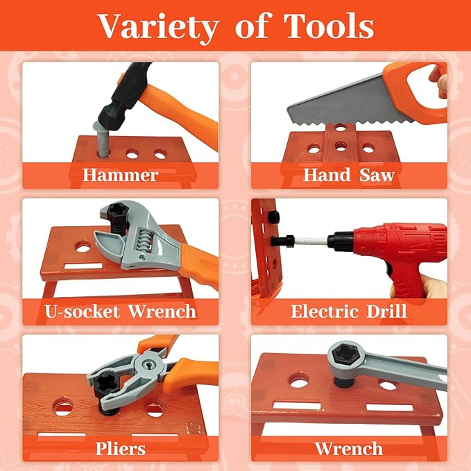 Kids Tool Set 55 PCS Toddler Tool Set with Electronic Toy Drill Pretend Play Construction Toys Kit with Tool Belt Toys Toys for Boys Girls Ages 2 3 4 5 (Orange)